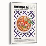 Vintage poster art of colorful food dishes on a large framed canvas, ideal for living room decor.