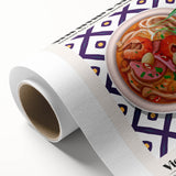 Art Deco poster featuring an array of colorful food dishes on a rolled canvas.