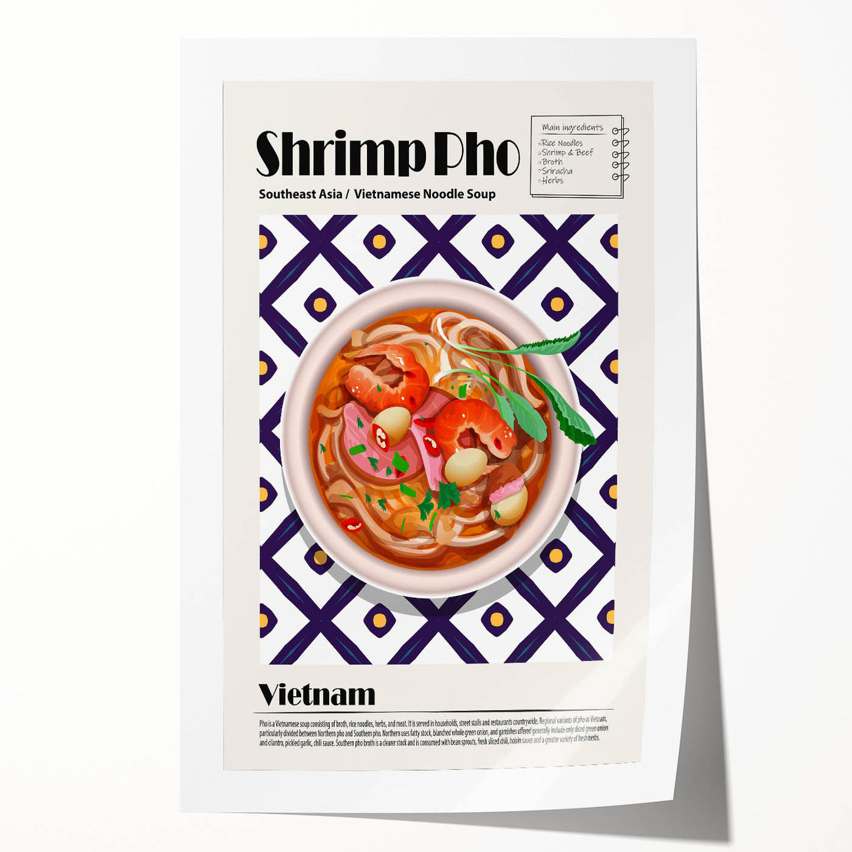 Extra large rolled print of assorted food dishes in vibrant colors, ideal for art wall dining room decor.