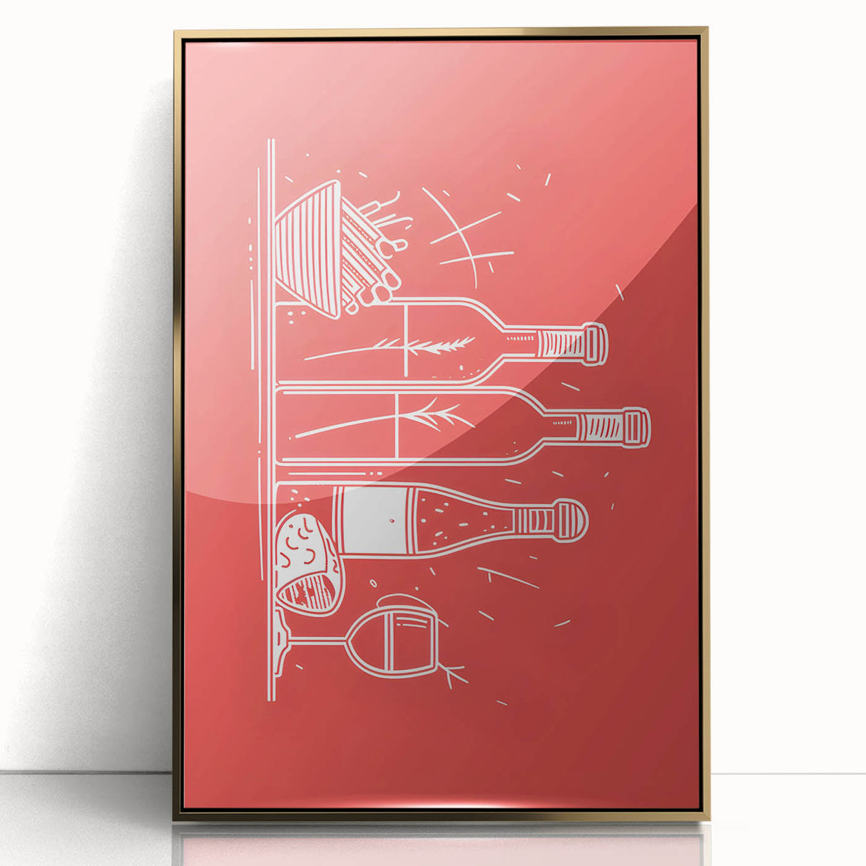 Large art print of assorted fruits in vibrant colors on a gold acrylic frame, styled in mid-century modernist fashion.