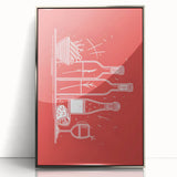 Mid-century modernist art featuring a stylized cocktail, in muted pastel shades on a silver-framed acrylic.