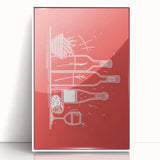 Art deco poster of food and drinks in muted colors on white acrylic, ideal for modern kitchen decor.