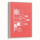 Vintage poster art of assorted beverages in vibrant colors on a white framed canvas, suitable for living room decor.
