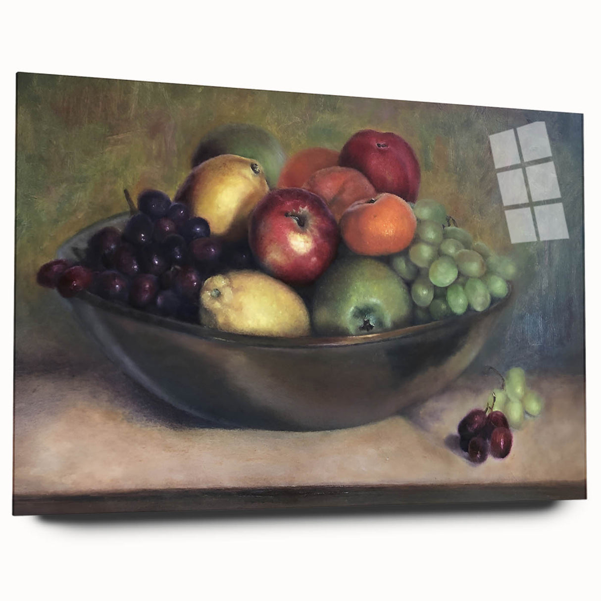Large abstract wall art featuring assorted fruits in vibrant colors on acrylic glass, ideal for bedroom or dining room decor.