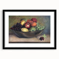 Extra large abstract art print featuring textured colorful fruits, in a black frame with mat, ideal for living room decor.