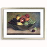 Textured art of abstract fruits in muted earth tones, framed in silver, ideal for bedroom wall decor.