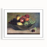 Abstract art print featuring assorted fruits in muted colors on a white framed canvas, ideal for dining room decor.