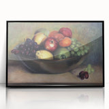 Large abstract wall art featuring assorted fruits in vibrant colors on a black acrylic framed print, ideal for kitchen decor.