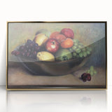 Large art print of assorted fruits in vibrant colors on acrylic, framed in gold, in mid-century modernist style.