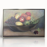 Mid-century modernist art featuring an array of colorful fruits on a silver acrylic framed print.