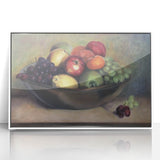 Art deco poster featuring an array of colorful fruits on a white acrylic framed canvas, suitable for modern kitchen decor.