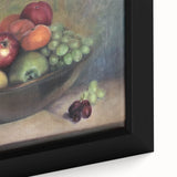 Close-up of textured black wall art featuring vibrant fruit designs on a framed canvas, suitable for a large living room.