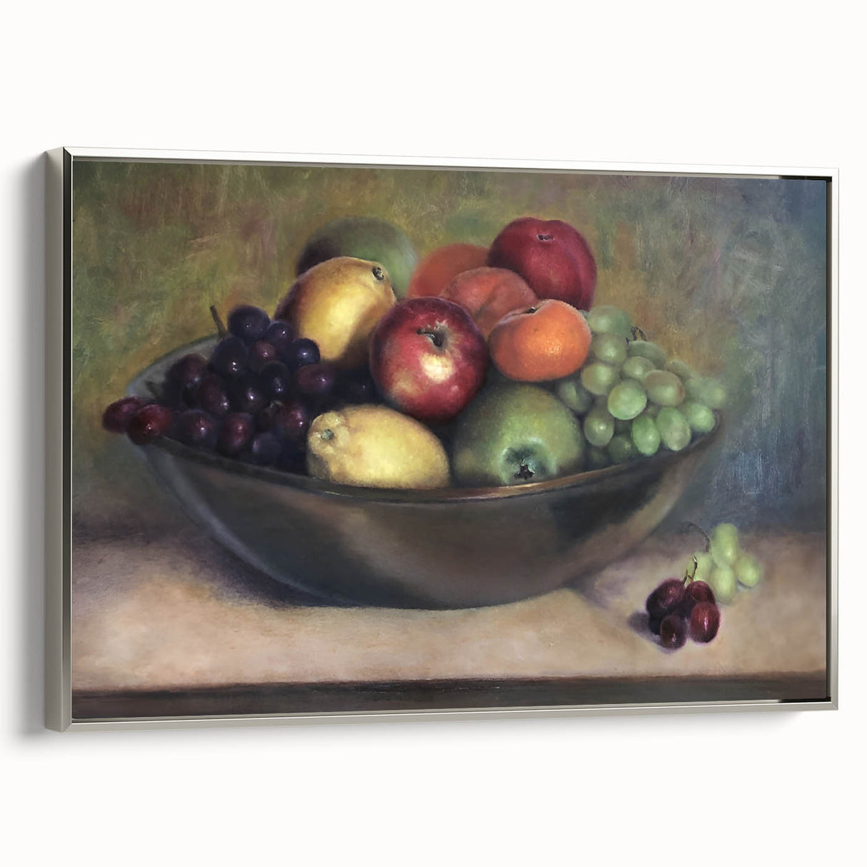 Framed canvas featuring a vintage poster of colorful fruits on a black background, ideal for kitchen wall art.