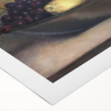 Art deco poster featuring an array of colorful fruits on a rolled canvas, suitable for dining room wall art.