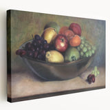 Large art piece on stretched canvas depicting assorted fruits in vibrant colors, ideal for kitchen wall art.