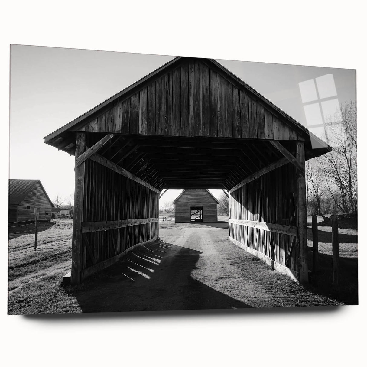 Landscape acrylic glass artwork showcasing a modern barn design, viewed from the side without pins, emphasizing the vibrant colors and intricate details. Ideal for home decor.