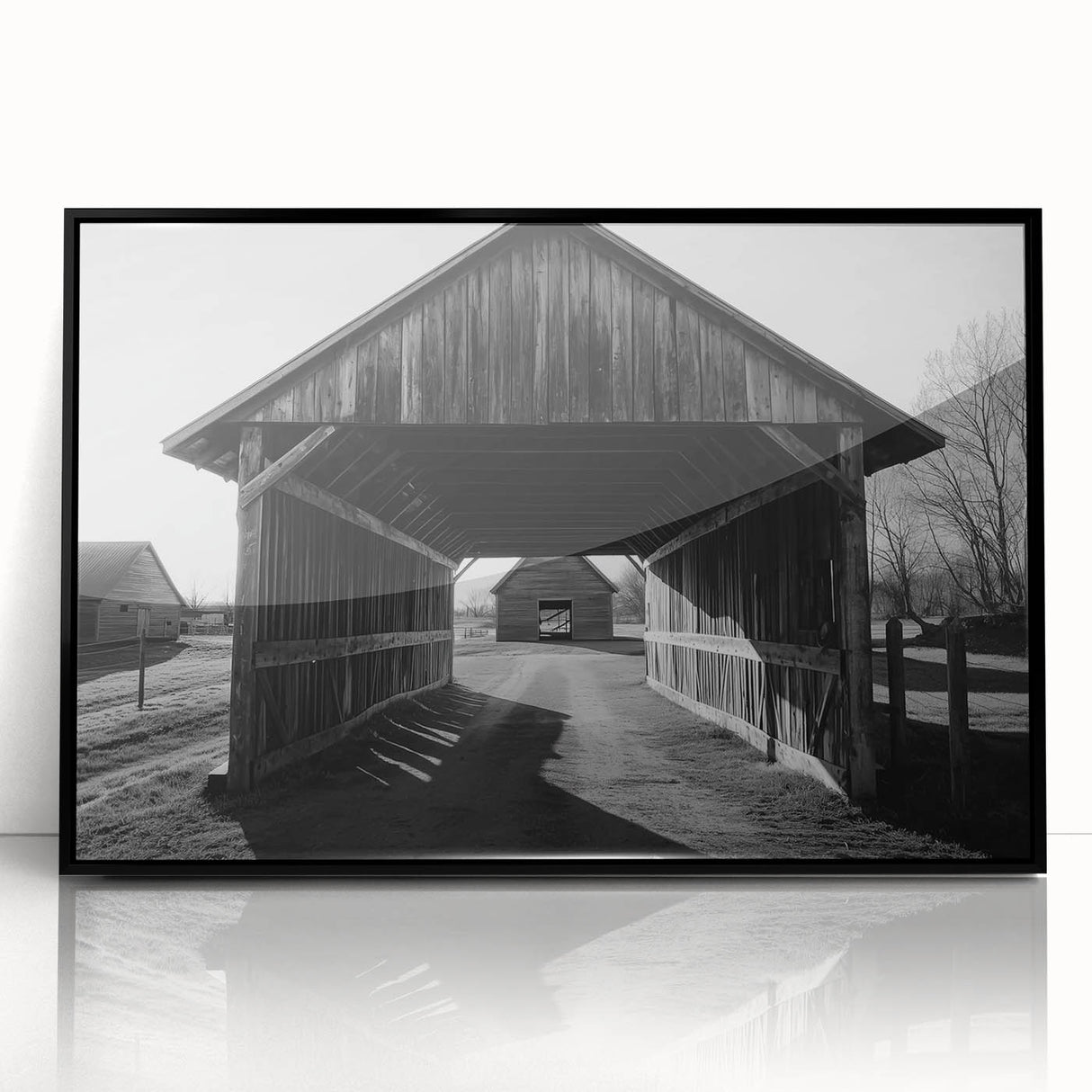Framed acrylic landscape art featuring a serene barn scene with rich colors and detailed textures, displayed against a black frame, perfect for home decor.