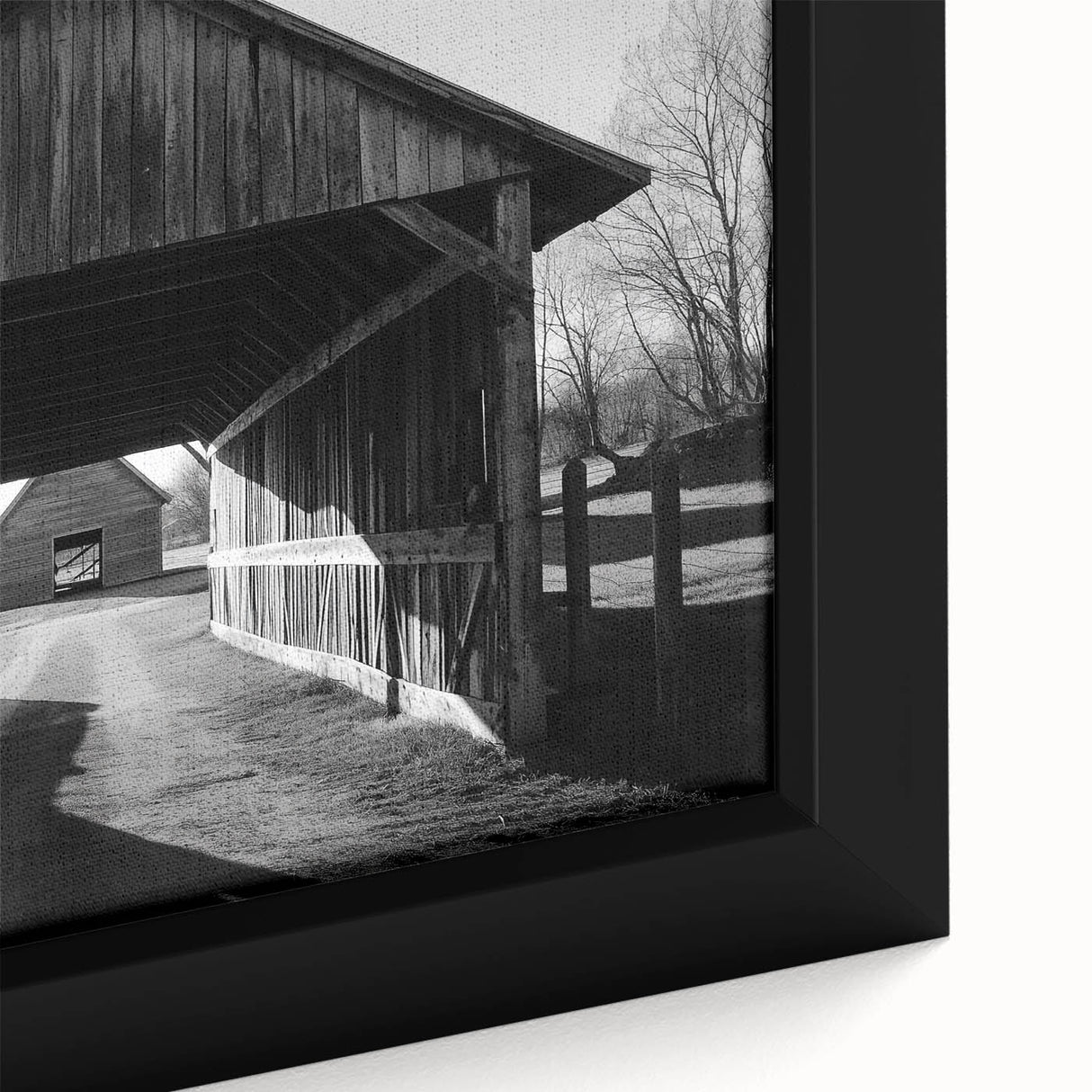 Close-up of a landscape barn-themed canvas print showcasing intricate details and vibrant colors, designed for home decor enthusiasts seeking rustic charm.