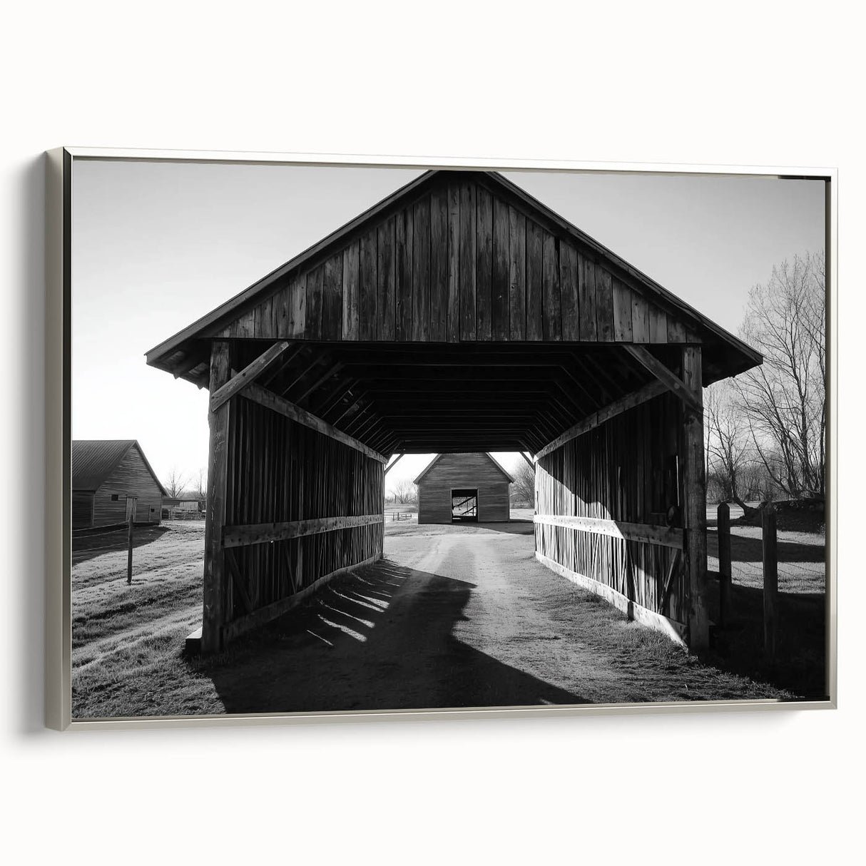 Landscape barn-framed canvas artwork showcasing a silver side view, highlighting intricate details and textures. Perfect for home decor enthusiasts.