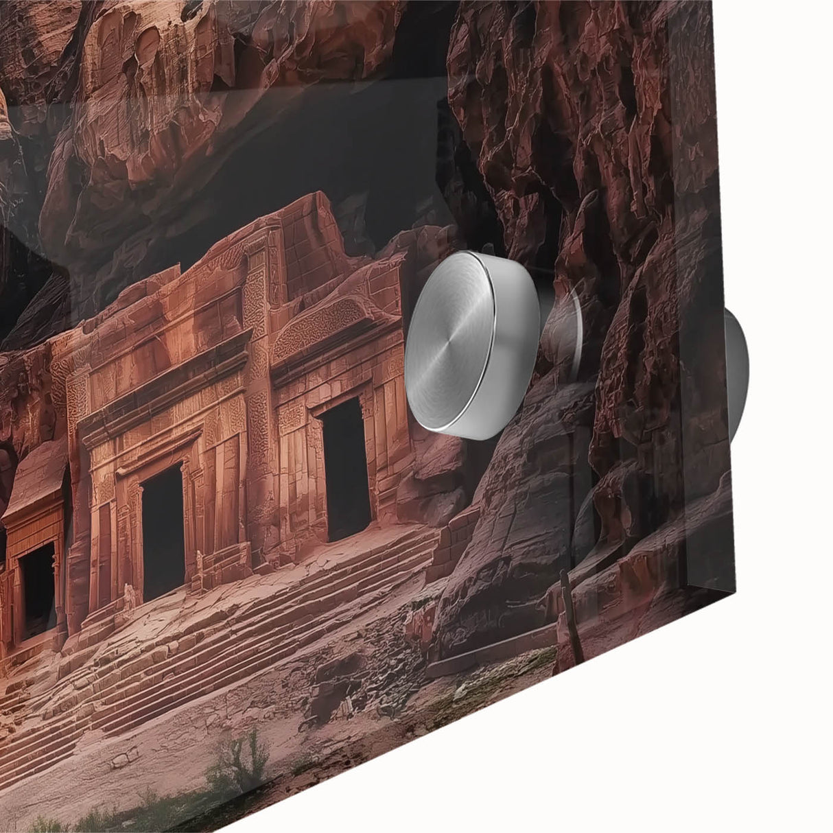 Close-up view of a vibrant acrylic landscape artwork depicting canyons, showcasing rich colors and intricate textures, perfect for modern home decor.