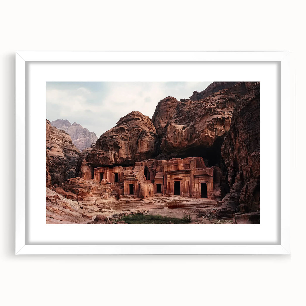 Landscape artwork featuring a serene canyon scene framed with a white mat, showcasing earthy tones and intricate details, ideal for home decor enhancement.