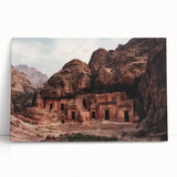 Stretched canvas artwork depicting a vibrant landscape of canyons, showcasing rich earthy tones and dramatic rock formations, ideal for enhancing home decor.