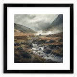 Framed landscape wall art depicting a serene countryside scene, featuring vibrant greens and blues with a sleek black mat, perfect for home decor enhancement.