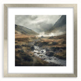 Framed landscape wall art showcasing a serene countryside scene with vibrant greens and blues, encased in a sleek silver frame with a white mat, perfect for home decor.