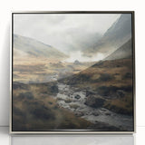 Framed landscape wall art depicting a serene countryside scene, featuring vibrant greens and soft blues, with a sleek silver frame enhancing its elegance.