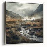 Framed canvas wall art depicting a serene countryside landscape, featuring lush greenery and a tranquil sky, with an elegant silver frame enhancing its aesthetic appeal.