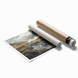 Landscape wall art print showcasing a serene countryside scene with rolling hills and vibrant greenery, rolled and ready for display in a protective tube. Ideal for home decor enthusiasts seeking a tranquil ambiance.