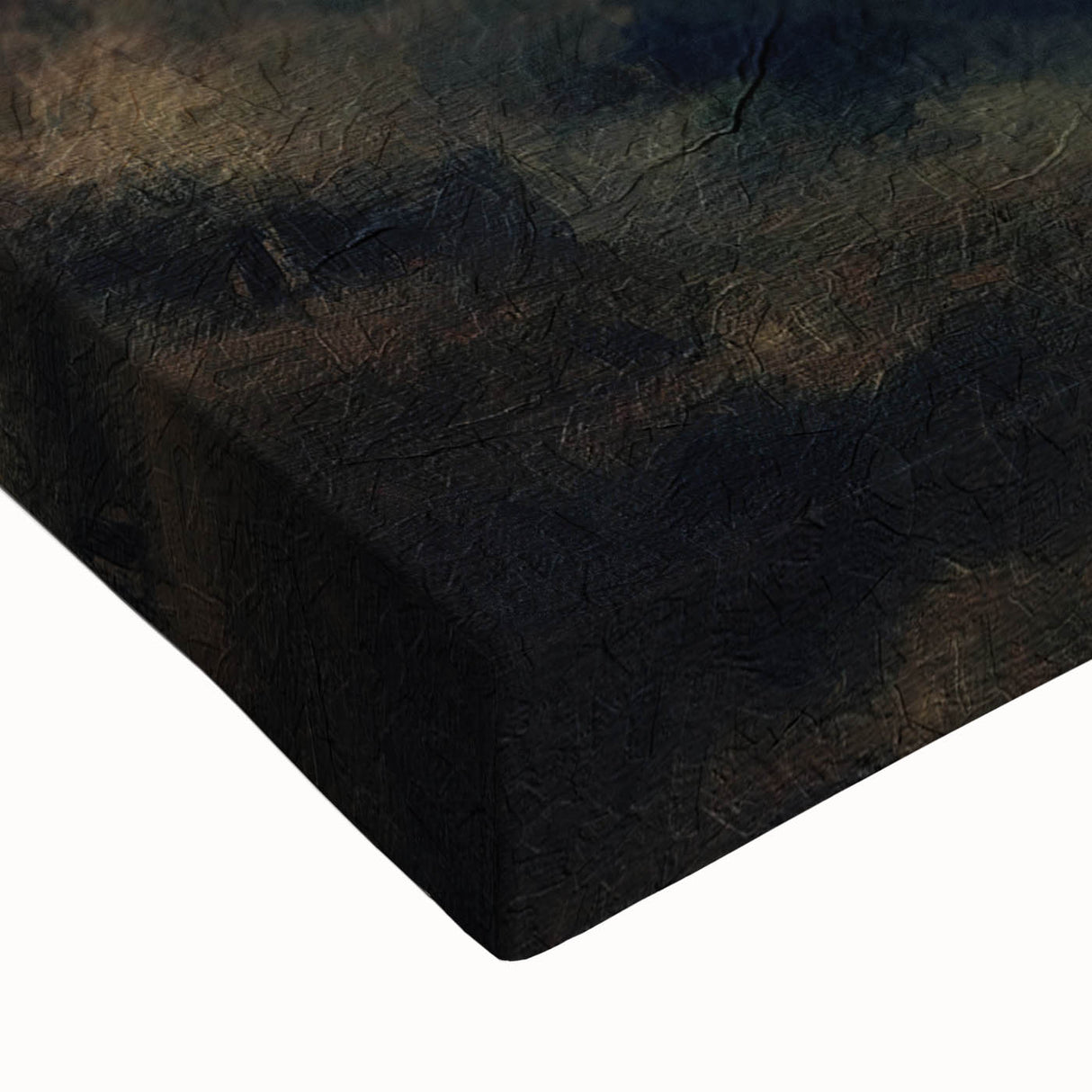 Close-up of a stretched canvas wall art depicting a serene countryside landscape with rolling hills, lush greenery, and vibrant colors, perfect for home decor.