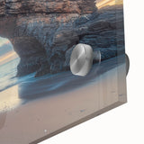 Close-up of a vibrant acrylic glass artwork depicting a serene countryside landscape with rolling hills, lush greenery, and a bright blue sky, perfect for home decor.