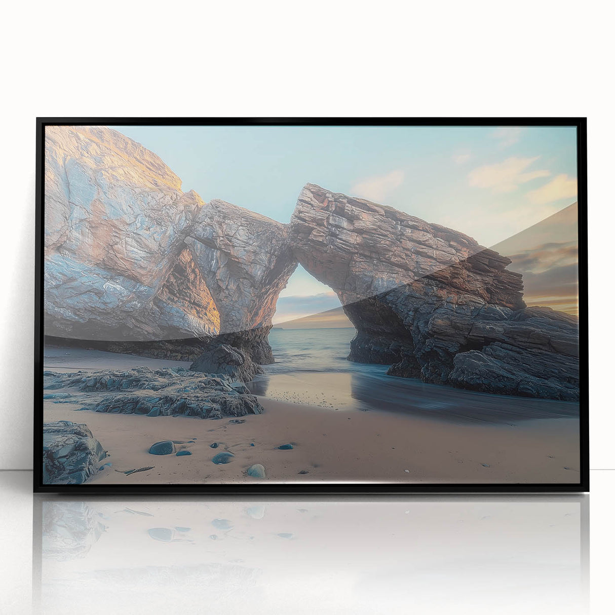 Framed acrylic landscape artwork depicting a serene countryside scene with vibrant colors, set in a sleek black frame, ideal for home decor enhancement.
