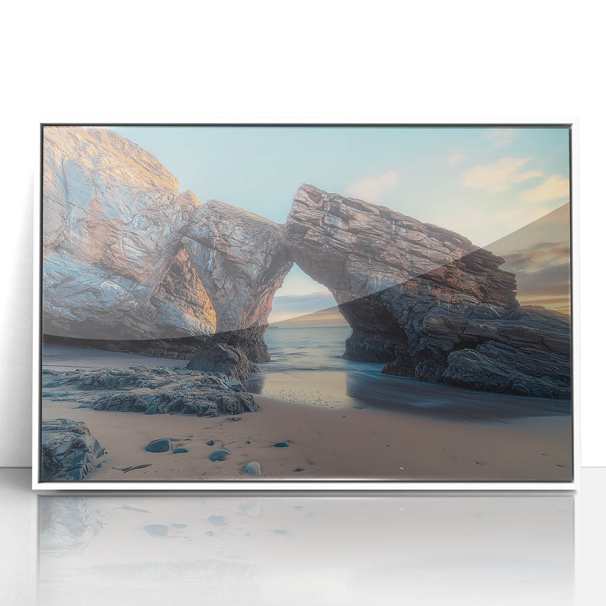 Framed acrylic artwork showcasing a picturesque countryside landscape with lush greenery and rolling hills, set in a sleek white frame for a modern touch.