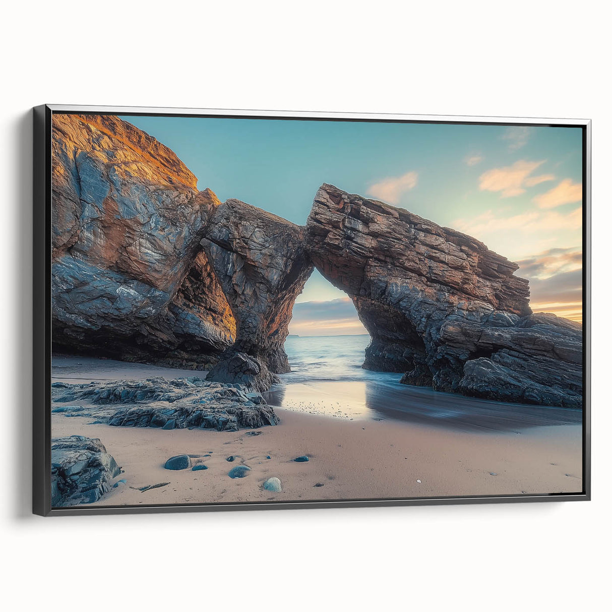 Framed canvas artwork depicting a serene countryside landscape, showcasing vibrant greens and blues, with a sleek black frame enhancing its elegance. Perfect for home décor.