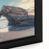 Close-up of a framed canvas depicting a serene countryside landscape with rolling hills, lush greenery, and a vibrant sunset sky, perfect for home decor.