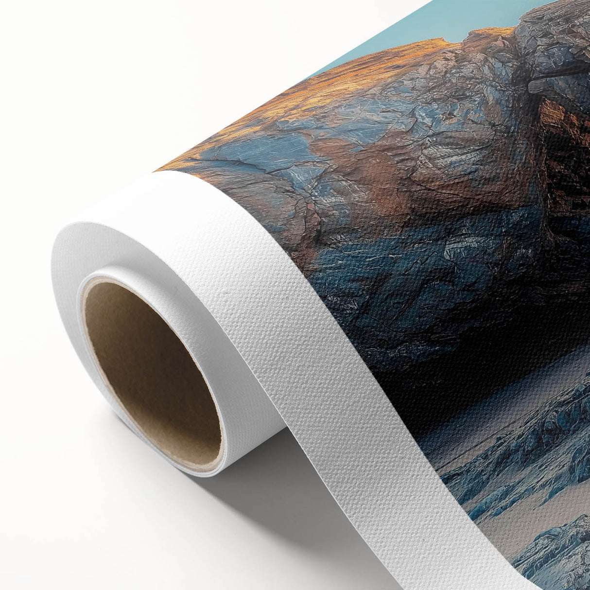 Rolled canvas artwork depicting a serene countryside landscape with rolling hills and lush greenery, featuring vibrant colors and a textured finish, securely packaged for delivery.