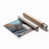 Rolled print showcasing a serene countryside landscape with lush green fields and soft blue skies, elegantly packaged in a protective cardboard tube for easy transport.