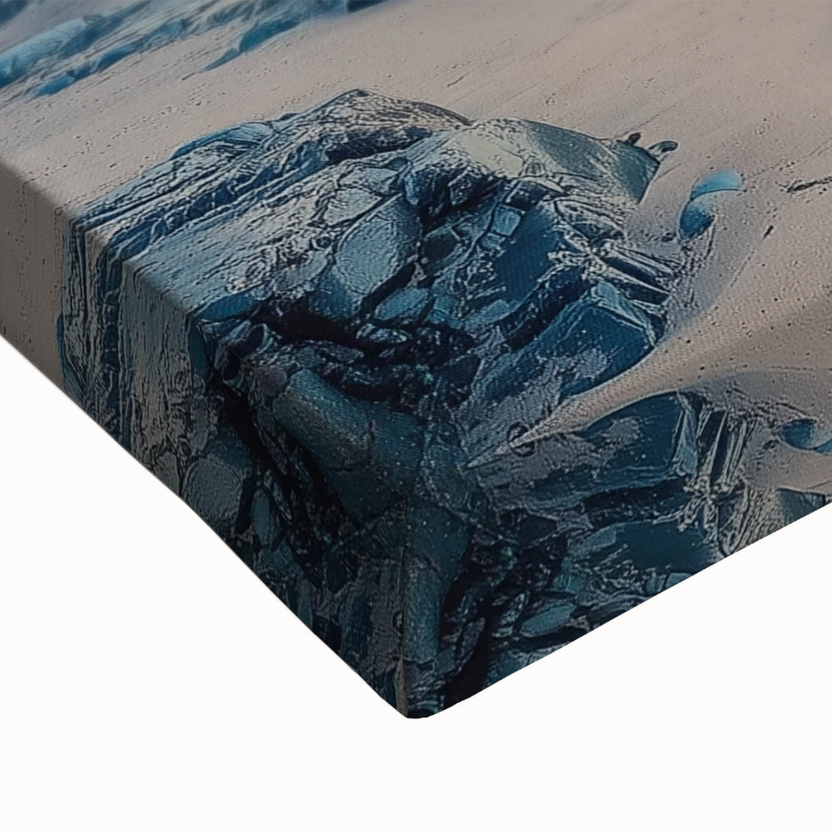 Close-up of a stretched canvas showcasing a vibrant countryside landscape with rolling hills, lush greenery, and a colorful sky, ideal for home decor.