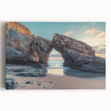 Stretched canvas artwork depicting a serene countryside landscape with vibrant green fields, rolling hills, and a clear blue sky, ideal for home decor.