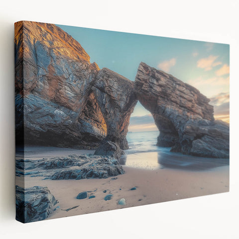 Stretched canvas artwork showcasing a serene countryside landscape, featuring vibrant green fields, a clear blue sky, and subtle details of distant hills, ideal for home decor.
