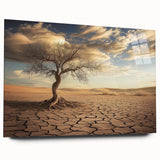 Acrylic landscape artwork depicting a vibrant desert scene with warm tones, displayed in a sleek glass frame, showcasing intricate details and depth. Perfect for modern home decor.