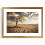 Desert landscape framed art print with a gold mat, showcasing vibrant hues of orange and yellow against a serene blue sky, perfect for home decor.