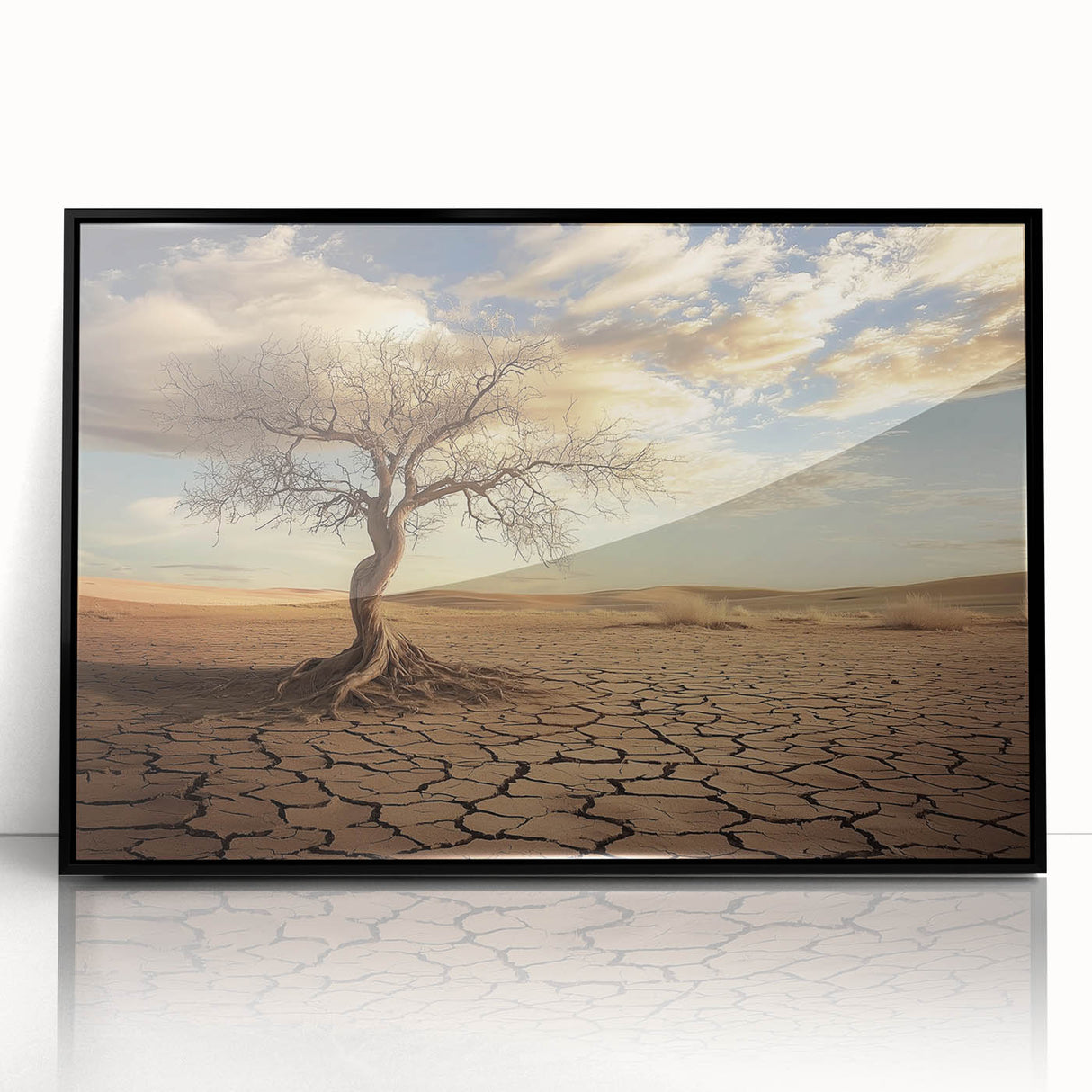 Framed acrylic artwork showcasing a stunning desert landscape with vibrant colors, featuring a black frame that enhances the modern aesthetic of home decor. Ideal for art enthusiasts and interior design.