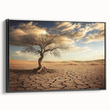 Framed canvas print showcasing a vibrant desert landscape with warm tones of orange and yellow, set against a sleek black frame, ideal for modern home decor.