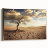 Desert landscape framed canvas artwork showcasing vibrant hues of gold and orange, captured side view to highlight its elegant frame and textured finish. Perfect for adding warmth and sophistication to any modern decor.