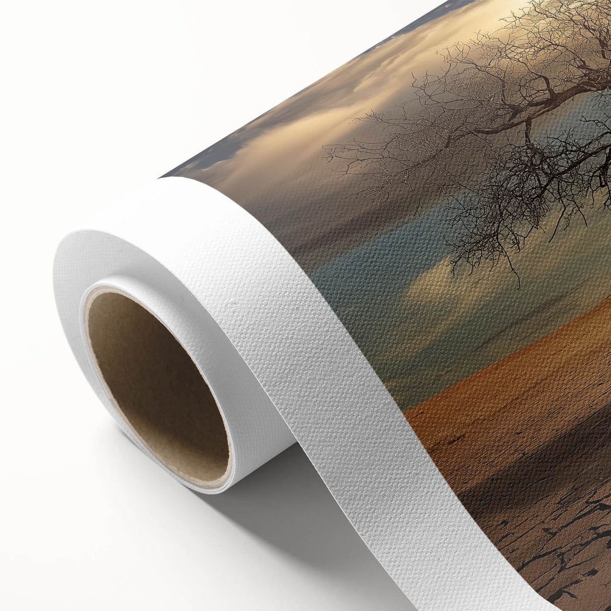 Desert landscape rolled canvas featuring warm hues of orange and brown, showcasing a serene sunset over a vast sandy terrain, perfect for home decor.