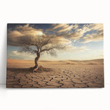 Stretched canvas artwork depicting a vibrant desert landscape with warm hues of orange and yellow, leaning against a modern wall, ideal for home decor.