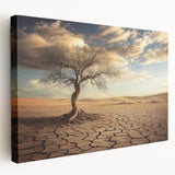 Stretched canvas artwork depicting a serene desert landscape, showcasing warm tones of orange and gold with intricate details, perfect for home decor.